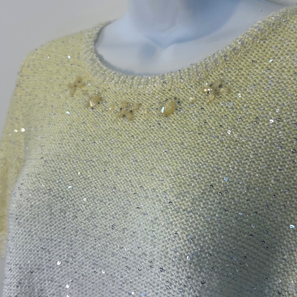 Alfred Dunner Women Sz S Ombre Sequin Beaded Knit Top Short Sleeve Yellow Silver - Picture 2 of 8